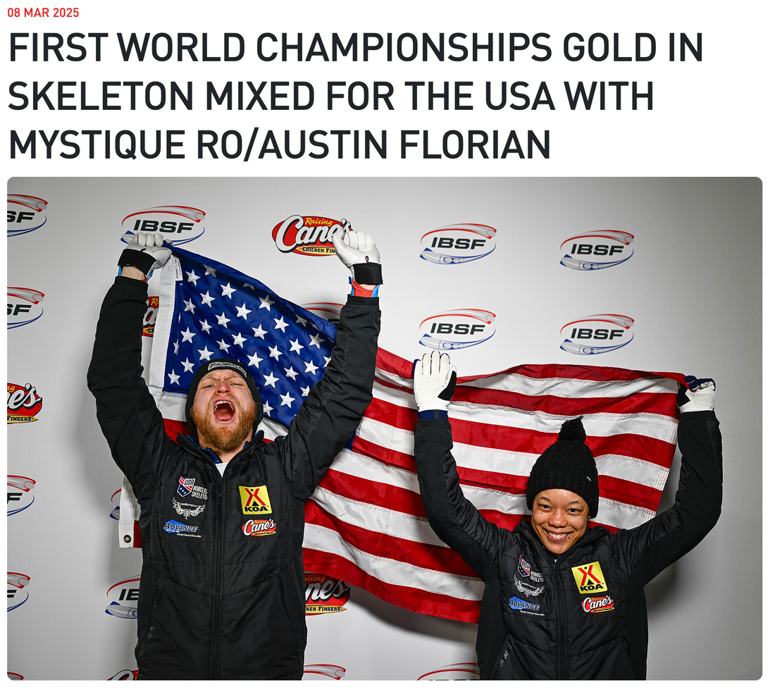 First World Championships gold in skeleton mixed for the USA with Mystique Ro/Austin Florian